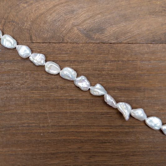 Natural White 12x10mm Long-Drilled Biwa Freshwater Pearl Bead - 7.25" Strand