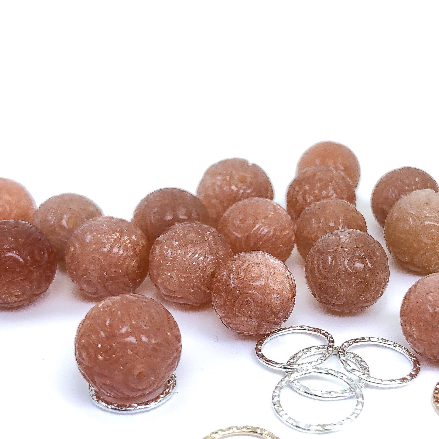 Peach Sunstone Bead - 12mm Carved Round