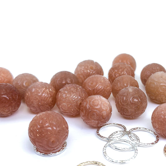 Peach Sunstone Bead - 12mm Carved Round