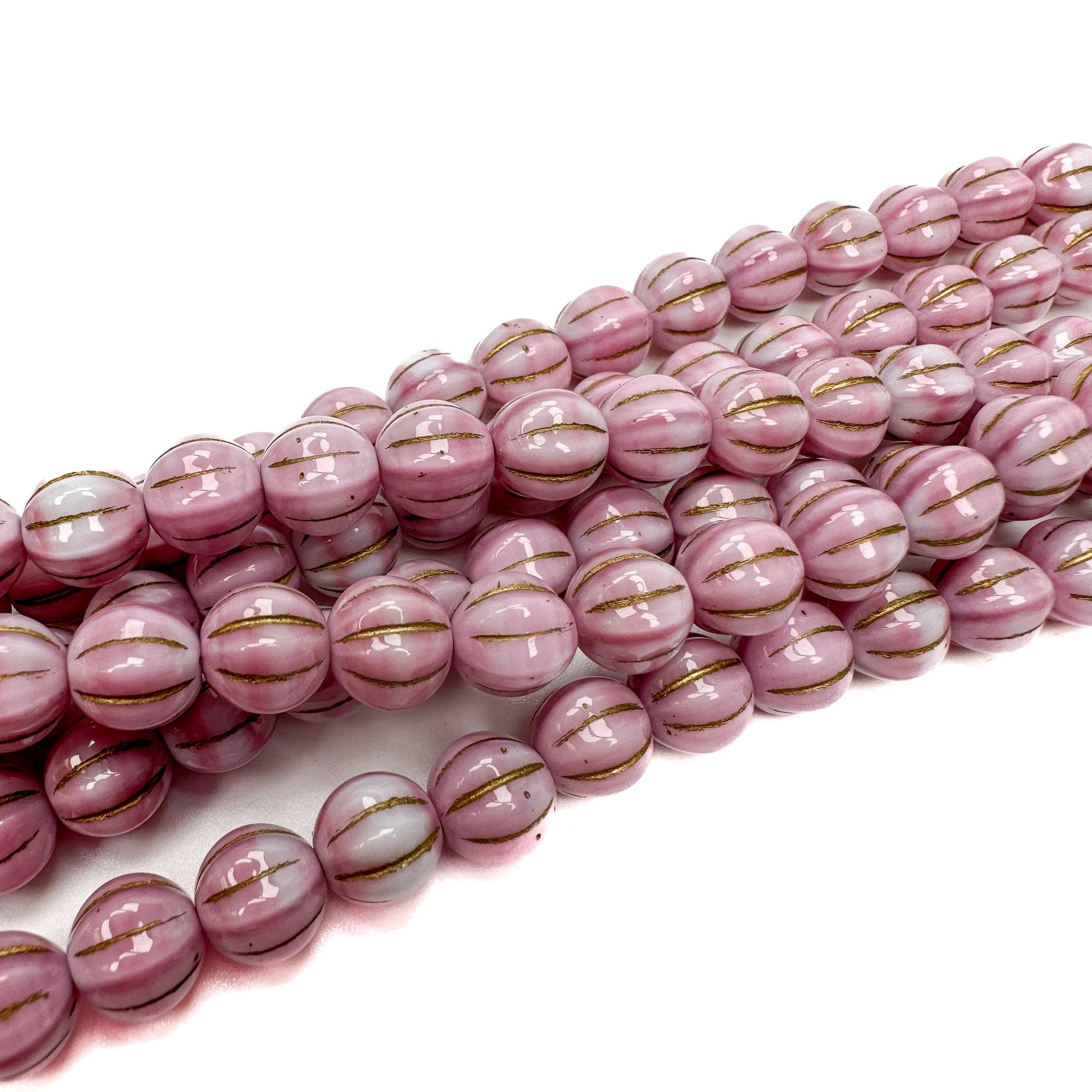 Pink and White with Gold Wash 8mm Melon Glass Bead - 16 pcs.-The Bead Gallery Honolulu