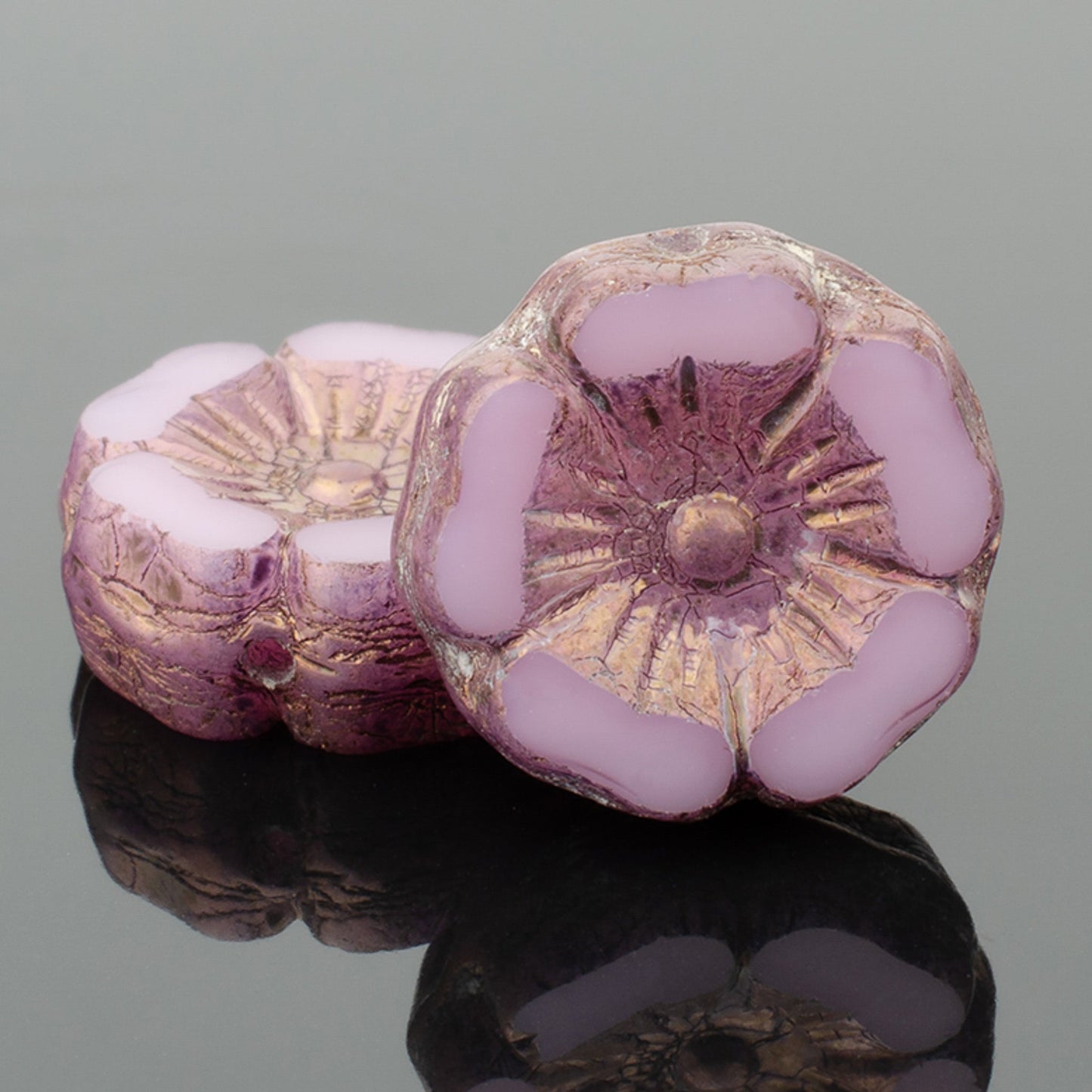 Pink Opaline Hibiscus Flower with Purple Bronze Finish 12mm Glass Bead - 6 pcs.-The Bead Gallery Honolulu