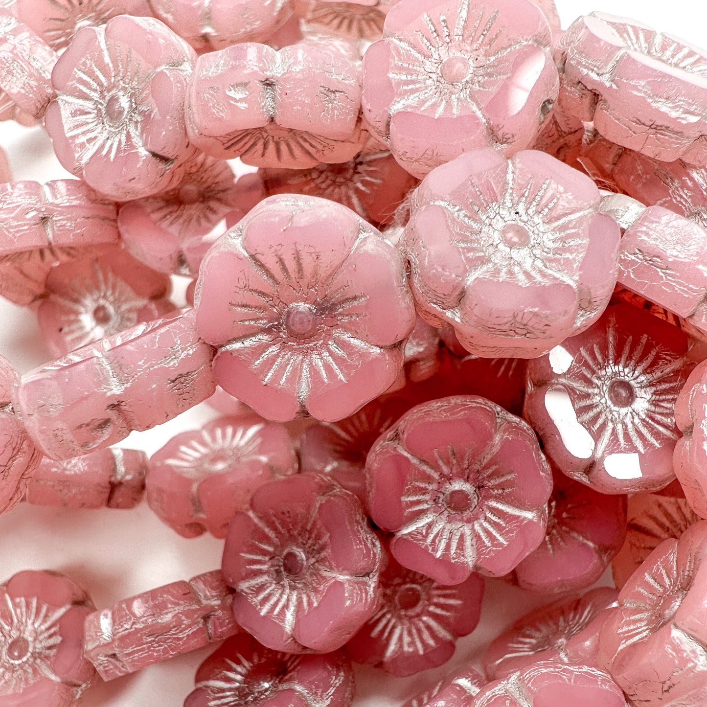 Pink Opaline Hibiscus Flower with Silver Wash 12mm Glass Bead - 6 pcs.-The Bead Gallery Honolulu