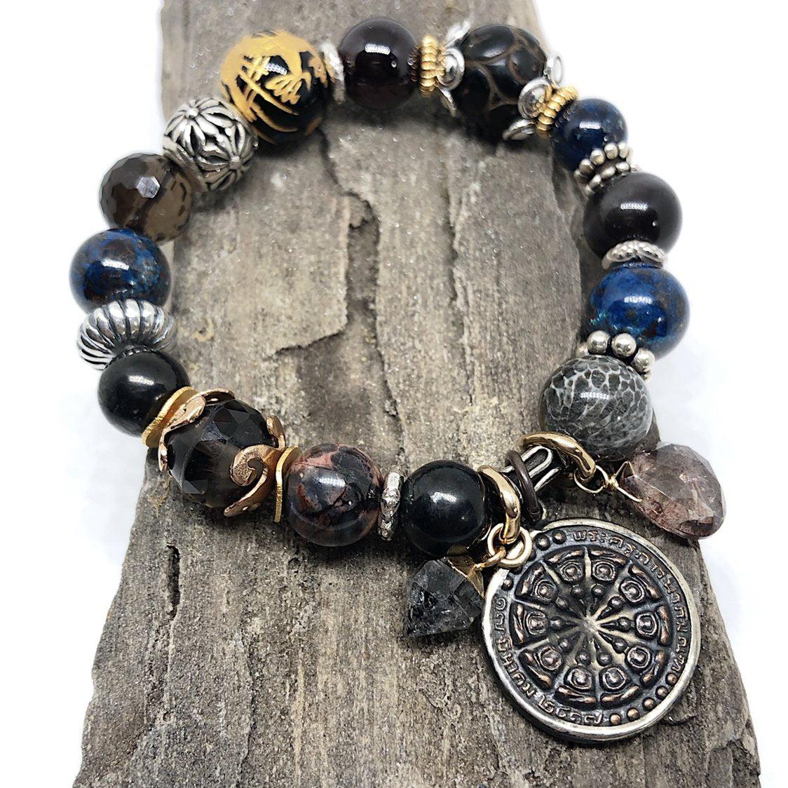 Prayer Coin Amulet Stretchy Cord Bracelet w/ Flower Bead