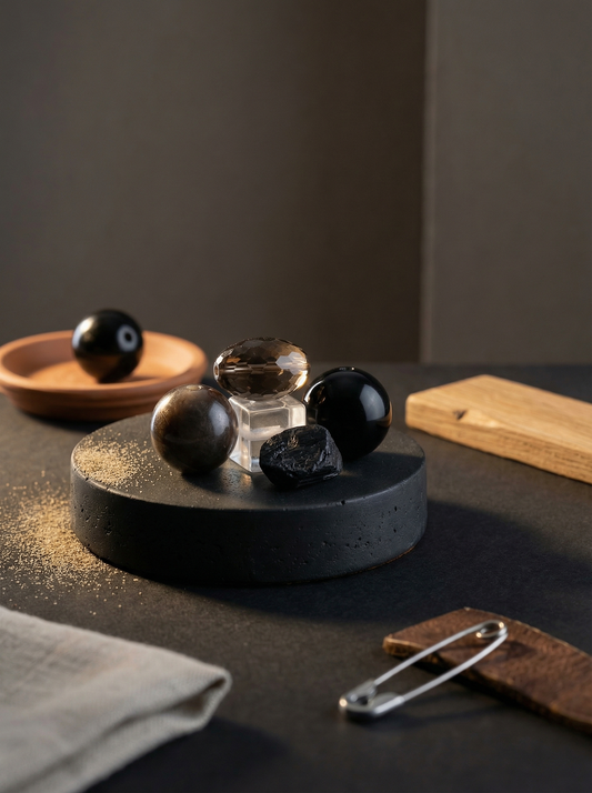 Protect & Deflect bead bundle on matte basalt disc with linen edge and leather strip.