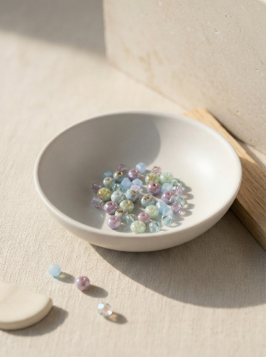 Lilac and aqua glass beads in a matte ceramic bowl on sand linen
