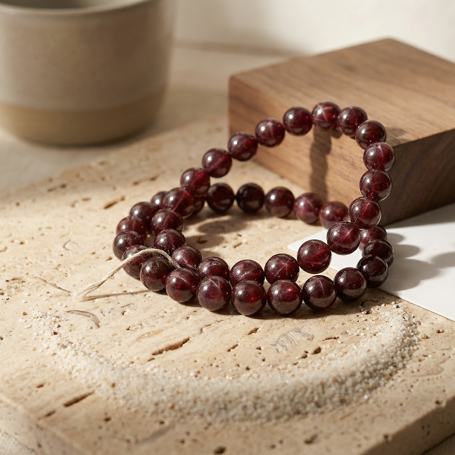 Star garnet bead bracelet on travertine with linen thread, sand crescent, soft morning light.