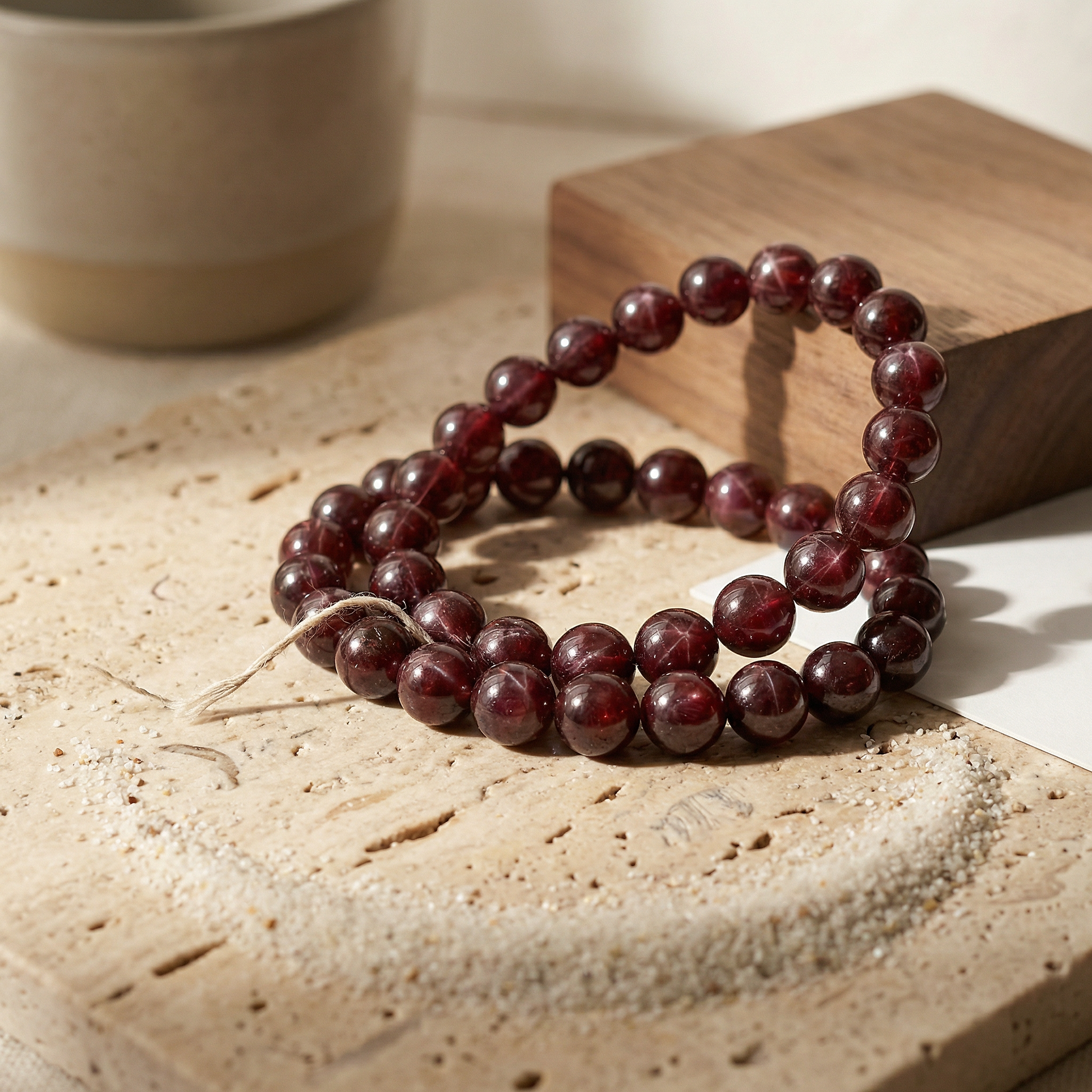 Star garnet bead bracelet on travertine with linen thread, sand crescent, soft morning light.