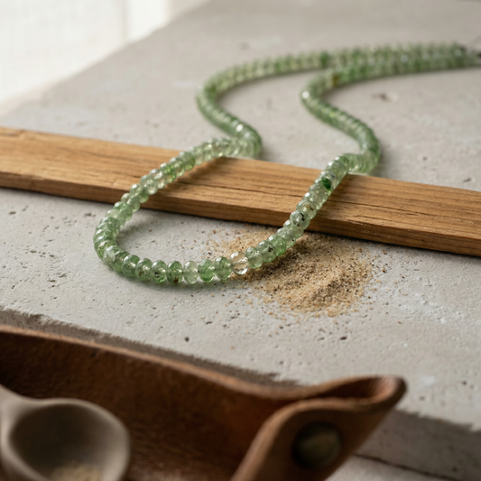 Graduated tsavorite rondelles on limestone slab with cedar strip and matte clay scoop.