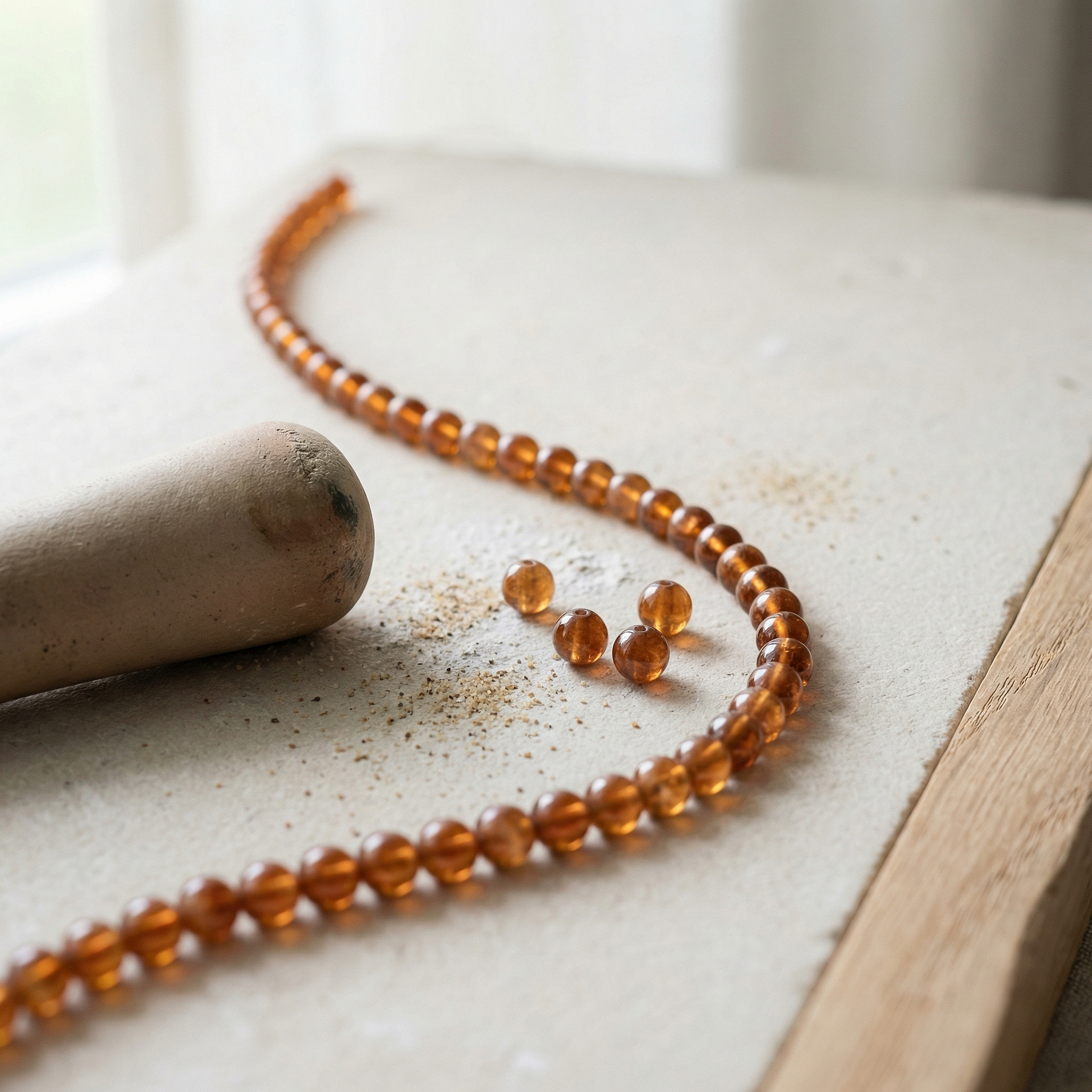 7.5" hessonite bead strand on limestone with raw oak, clay pestle, soft morning light