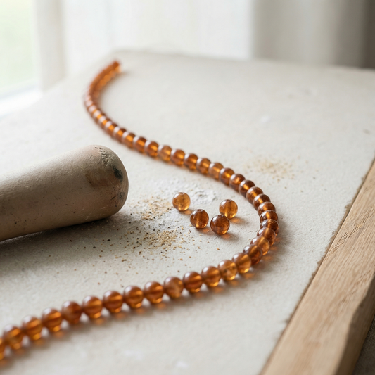 7.5" hessonite bead strand on limestone with raw oak, clay pestle, soft morning light