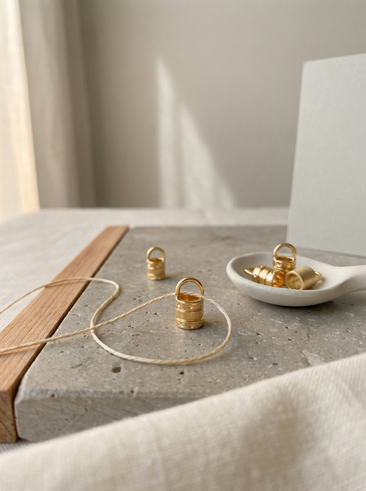 Gold and silver plated end crimps on honed limestone with clay spoon and silk thread