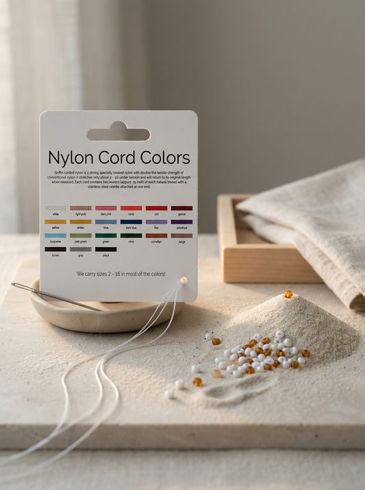 Carded nylon bead cord on honed limestone with sand, linen, and clay dish in soft morning light