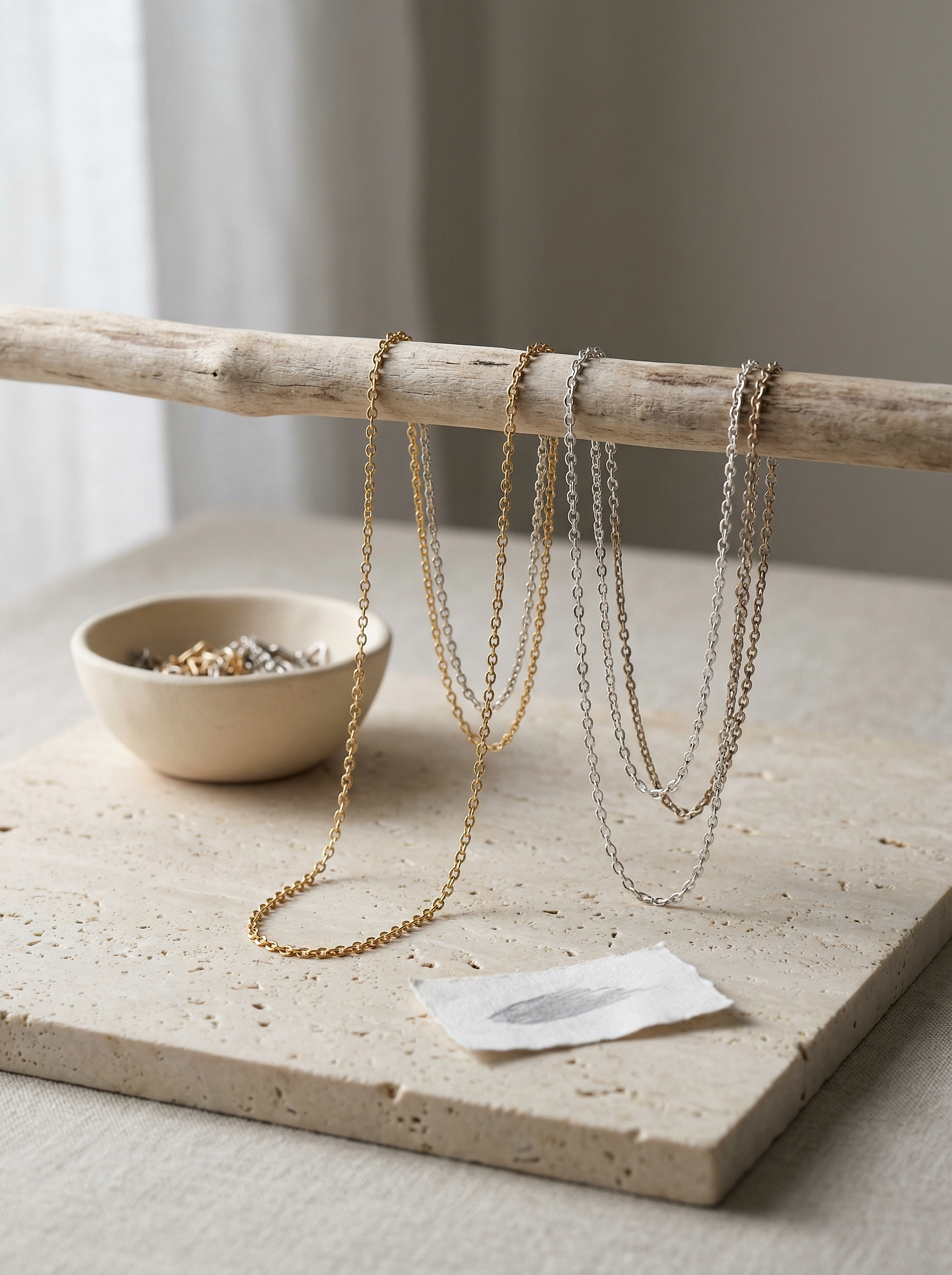 Gold and silver fine cable chains draped over bleached driftwood on travertine slab, soft morning light.