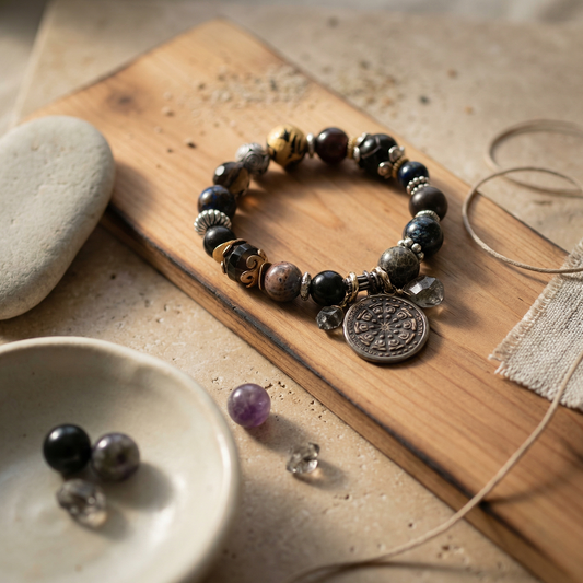 Bracelet on cedar and travertine with prayer coin facing camera, loose beads, linen scrap.