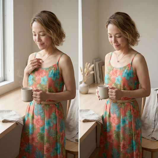 Model at sunlit kitchen sink touching necklace while holding a steaming ceramic mug.