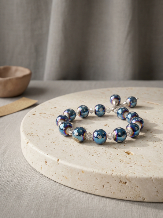 Holiday Sparkle bracelet on cream travertine plinth with soft morning light.