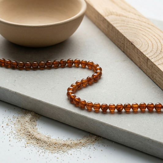 Hessonite garnet bead strand on honed limestone with clay bowl, oak, and pale sand.