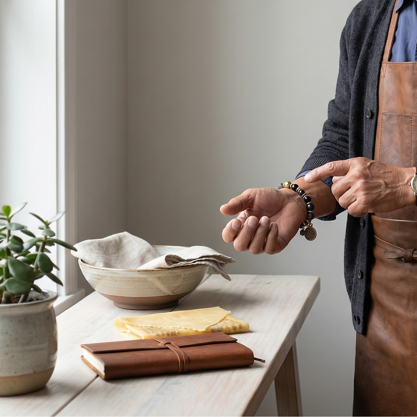  prayer-coin bracelet at a bleached-wood bench in soft window light.