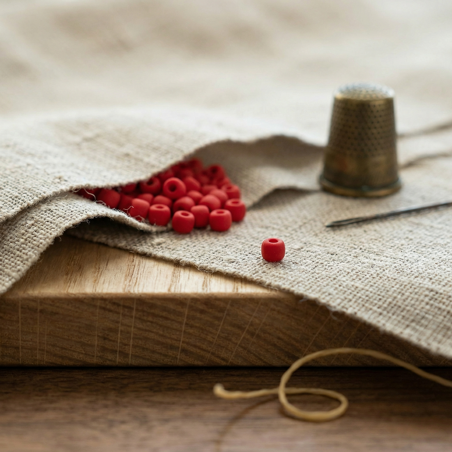 Matte red glass seed bead on flax linen and ash wood with brass thimble and beeswax curl.