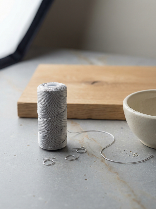 Mini spool of satin micro cord on honed limestone with oak slab and clay pot