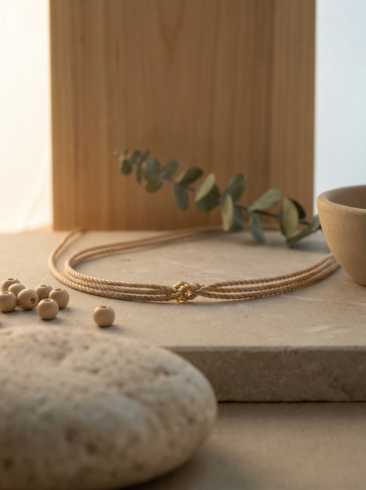Carded nylon bead cord curved on limestone slab with river stone foreground and poplar board background.