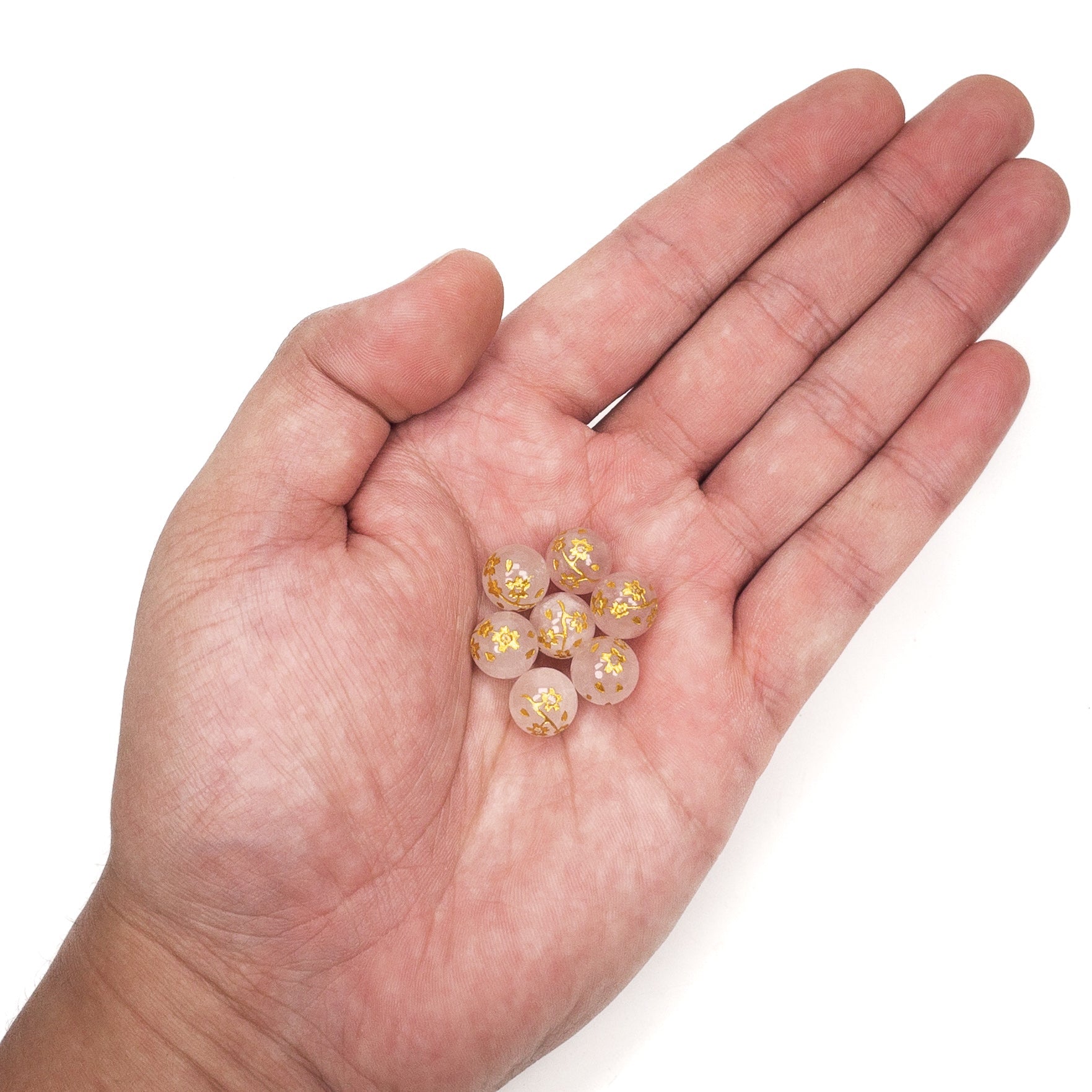 Rose Quartz Etched Gold Sakura Branch 10mm Round Bead - 1 pc.