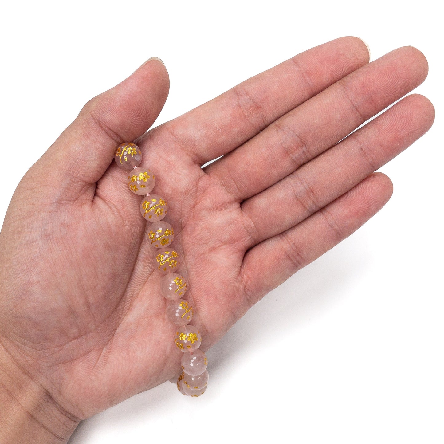 Rose Quartz Etched Gold Sakura Branch 10mm Round Bead - 7.5" Strand