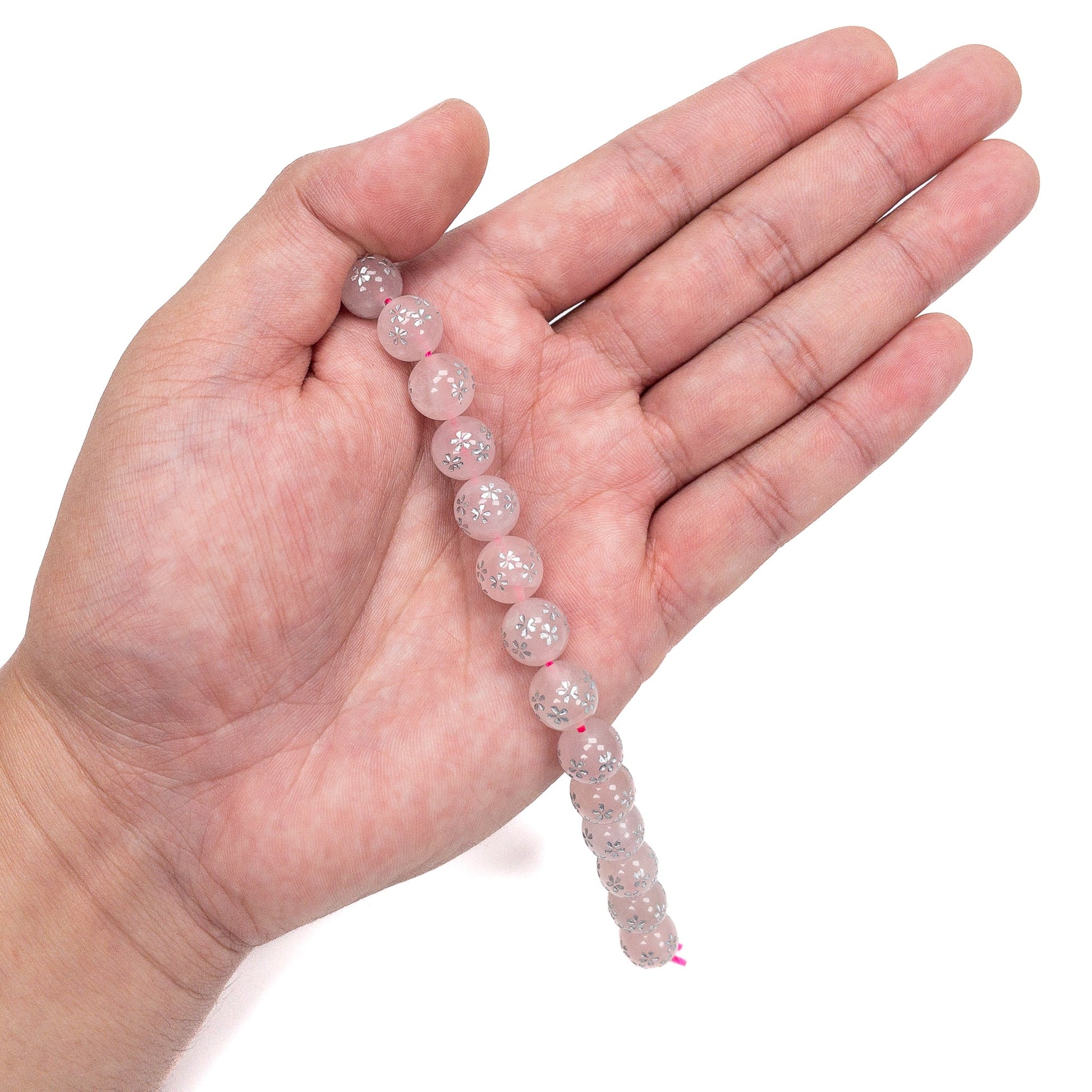 Rose Quartz Etched Silver Sakura Shower 10mm Round Bead - 7.5" Strand