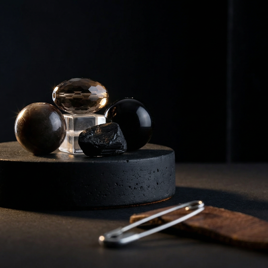 Beaded protection bundle on black honed plinth with velvet void and warm amber rim light.