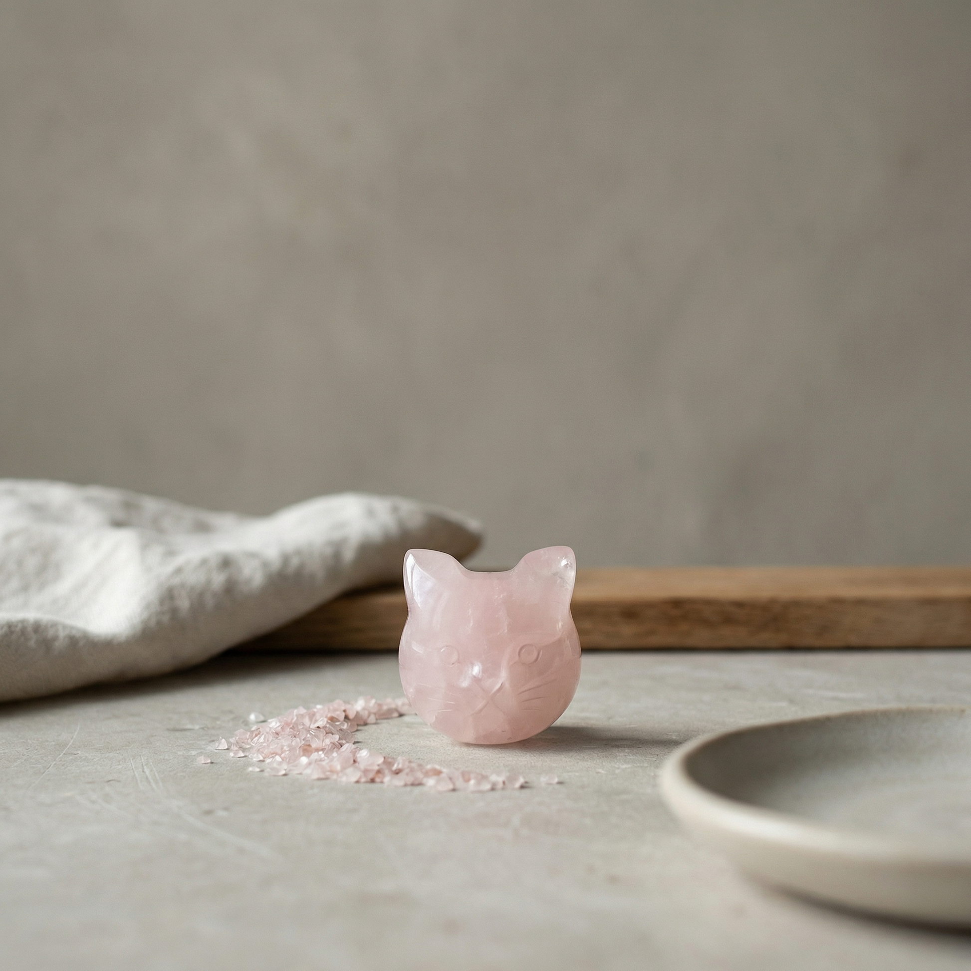 Polished rose quartz cat with a smooth, featureless silhouette, soft pink veining and gentle upper-left highlights on a neutral studio surface.