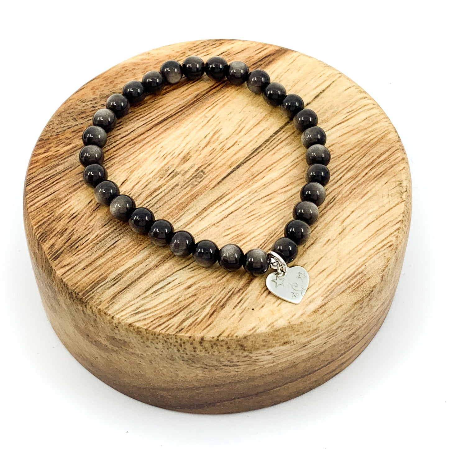 Silver Sheen Obsidian Stretchy Cord Bracelet - 6mm Round