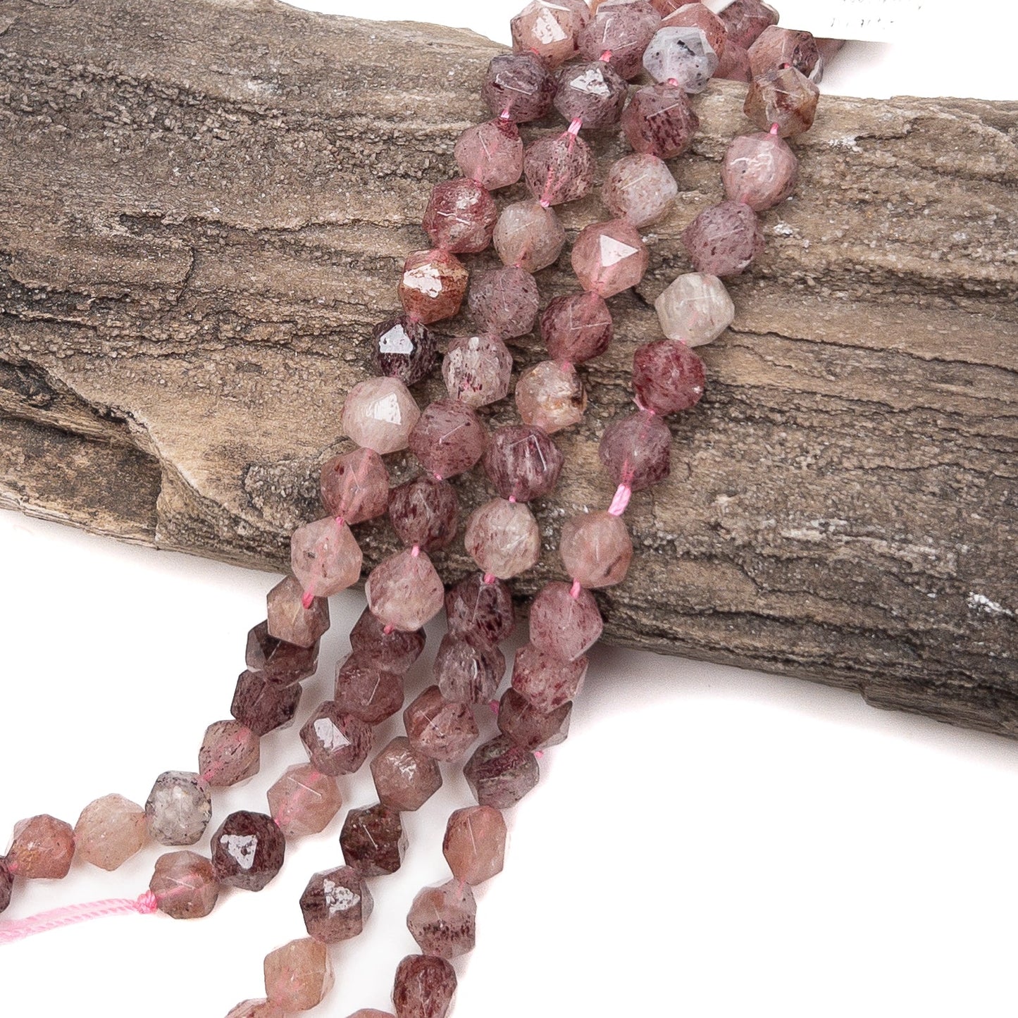 Strawberry Quartz 8mm Star-Cut Round Bead - 7.5" Strand