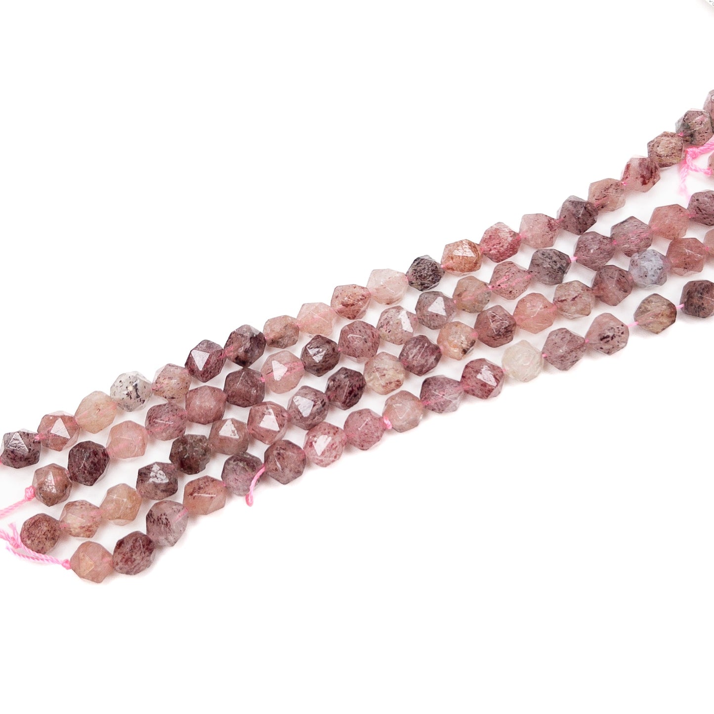 Strawberry Quartz 8mm Star-Cut Round Bead - 7.5" Strand