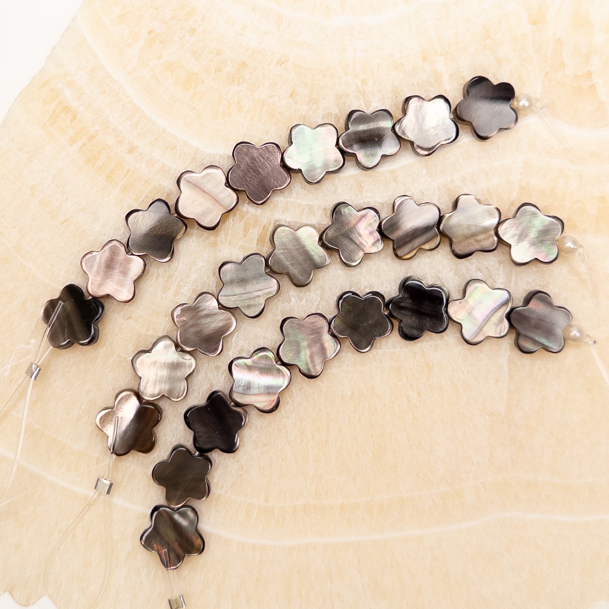 Tahitian Black Lip Oyster Shell 10mm Flat 5-Petal Flower Bead - 3.5" MINI Strand-The Bead Gallery Honolulu