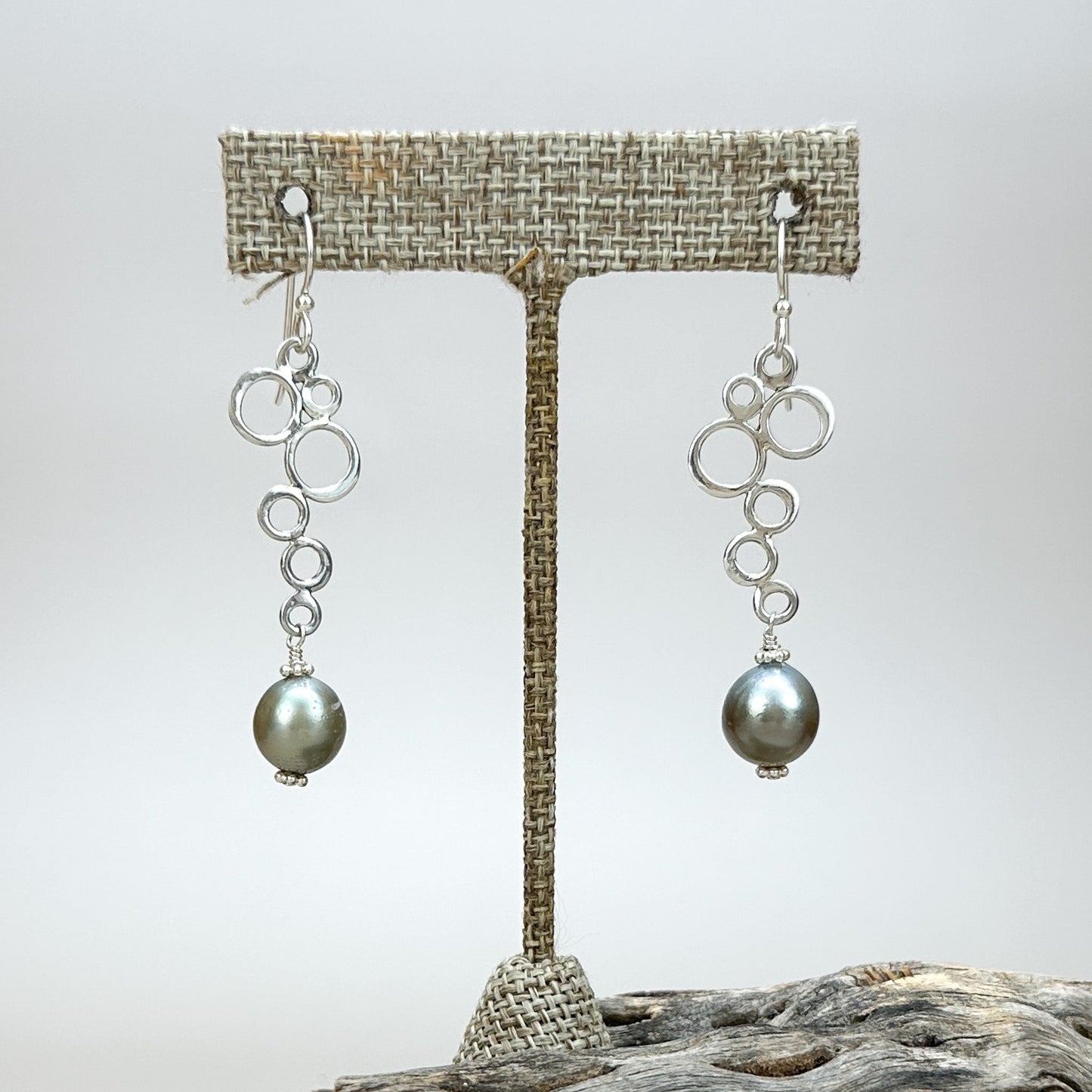 Tahitian Pearl with Sterling Silver Bubble Links Finished Earrings - 1 pair (J217)-The Bead Gallery Honolulu