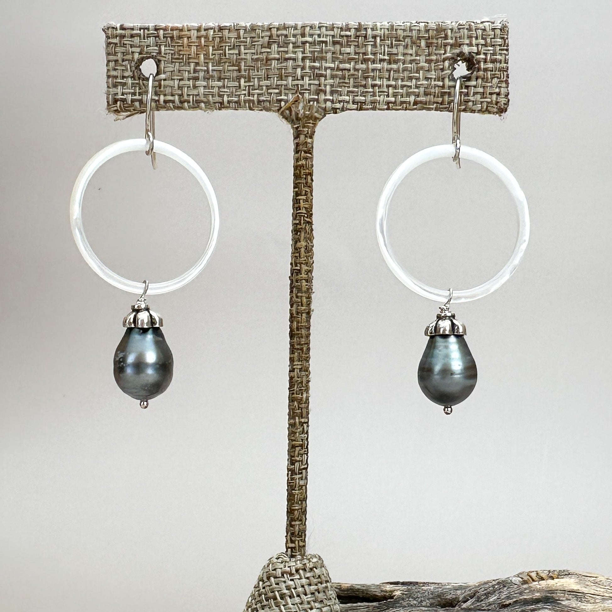 Tahitian Pearls with Shell Hoop Finished Earrings - 1 pair (J224)-The Bead Gallery Honolulu