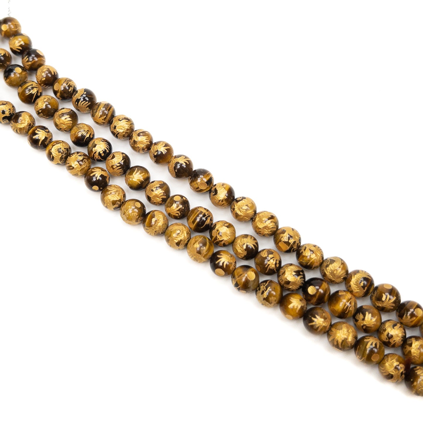 Tiger Eye 8mm Round Gold Dragon Bead - 7.5" Strand