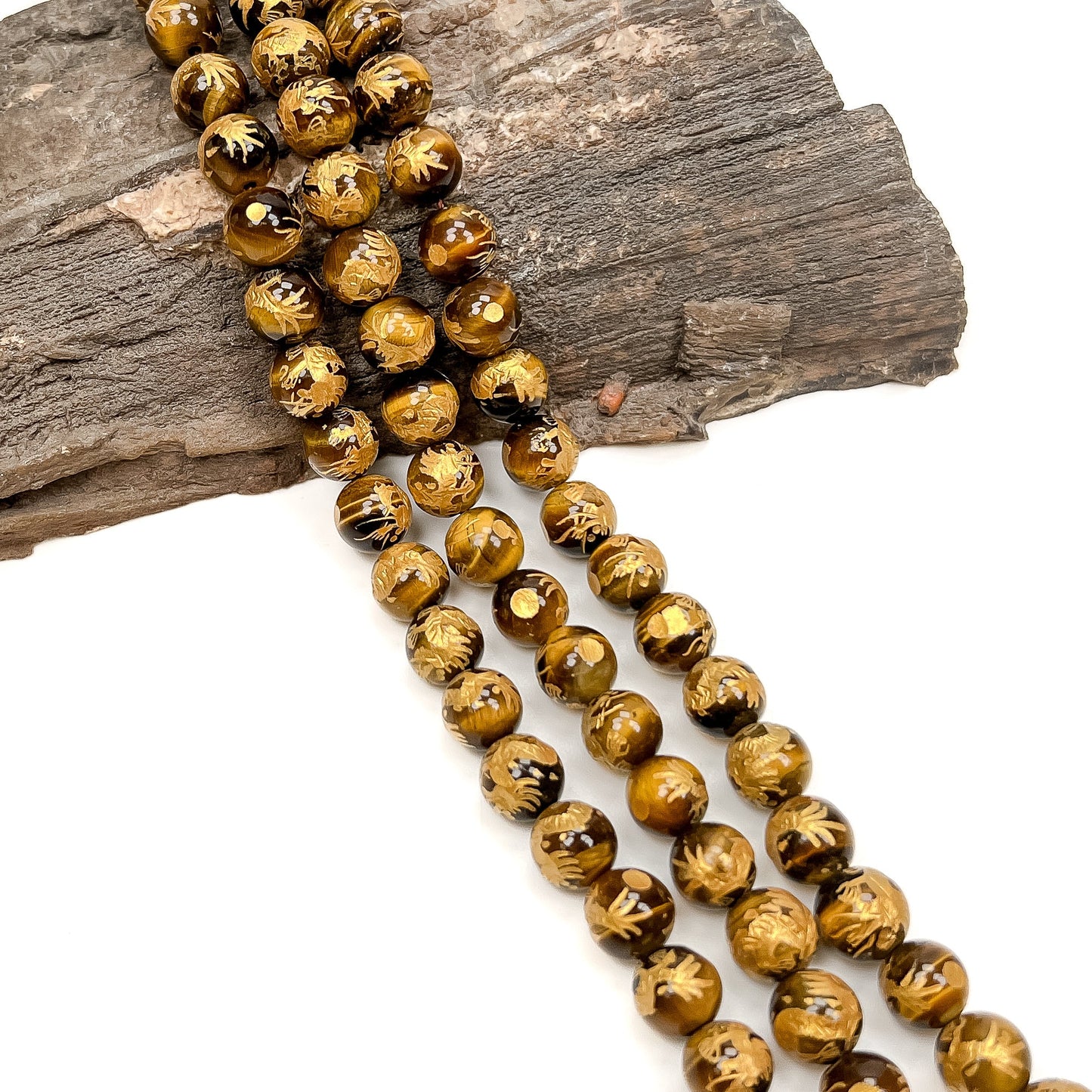 Tiger Eye 8mm Round Gold Dragon Bead - 7.5" Strand