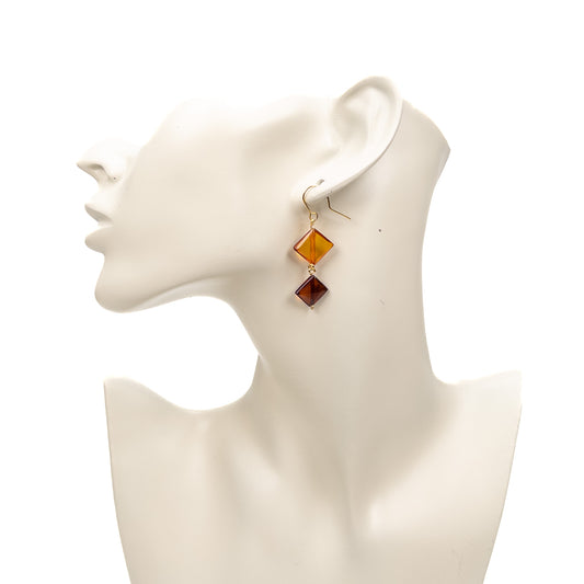 Two-Tone Baltic Amber Double Diamond Drop Earrings (Bronze) - 1 pair (J73)-The Bead Gallery Honolulu