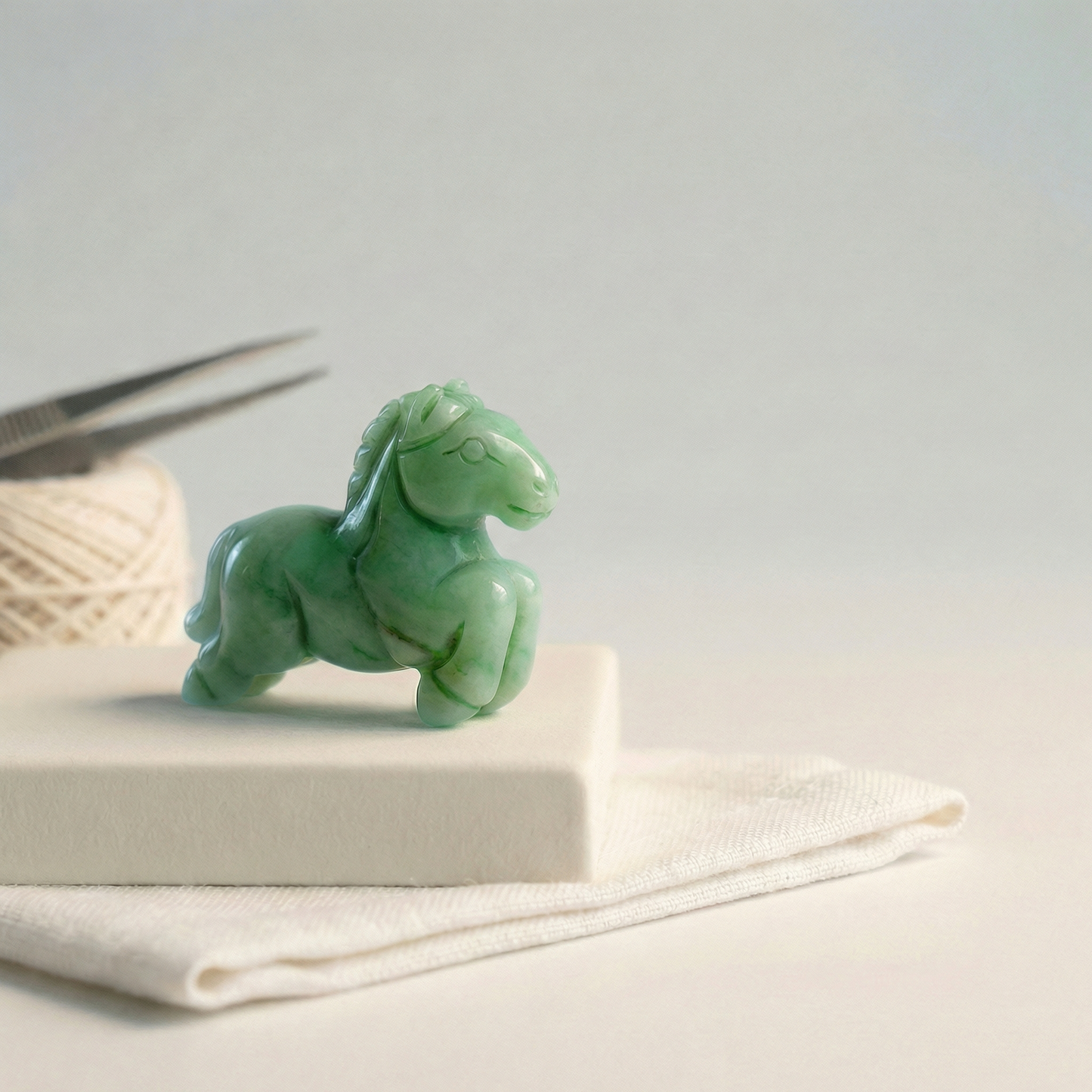 Glossy carved horse bead in warm, saturated jade green; translucent veins and soft studio highlights on neutral cloth.
