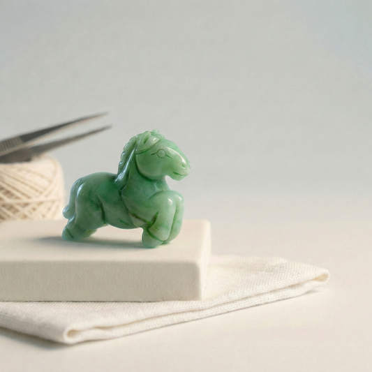 Glossy carved horse bead in warm, saturated jade green; translucent veins and soft studio highlights on neutral cloth.