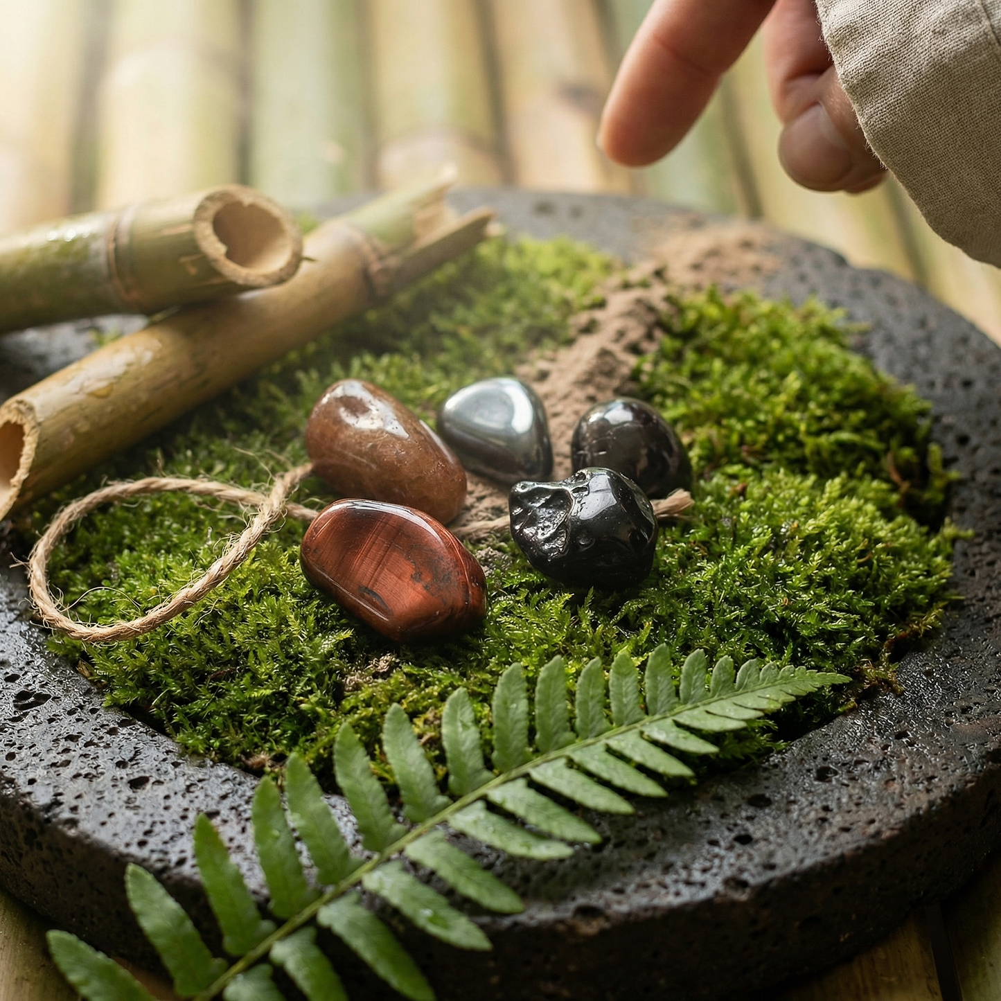 Tumbled gemstone cluster on moss and volcanic stone, soft bamboo-filtered light.