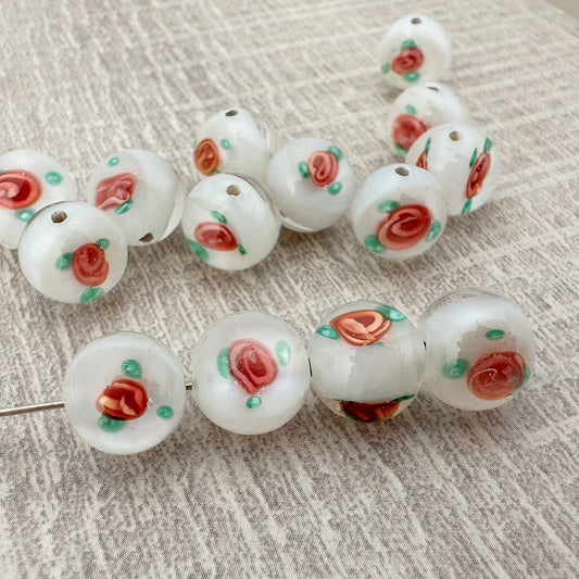 Vintage Handmade Czech Lampwork 10mm White with Rosette Glass Bead - 1 pc. (Z893)-The Bead Gallery Honolulu