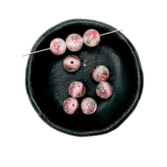 8mm Czech Lampwork Soft Pink Bead with Rosette Flowers - 2 pcs.-The Bead Gallery Honolulu