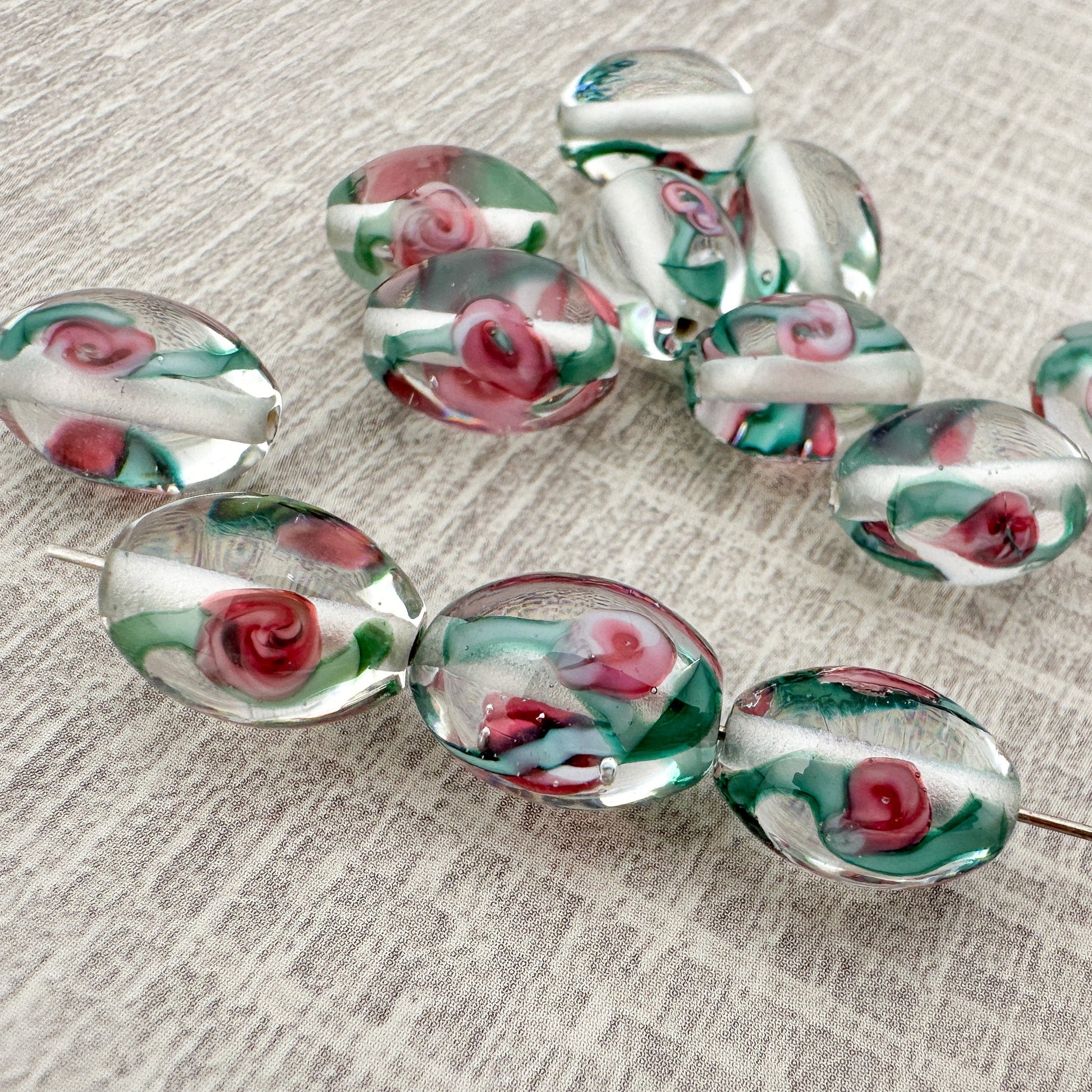 Vintage Handmade Czech Lampwork 8x12mm Clear with Flower Oval Glass Bead - 1 pc. (Z875)-The Bead Gallery Honolulu