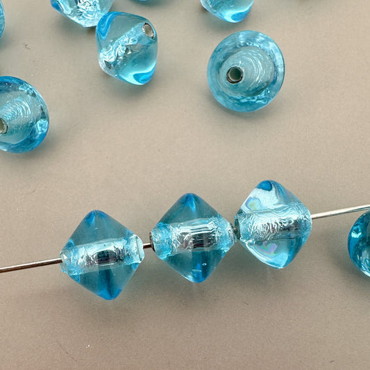 Vintage Handmade Czech Lampwork 9mm Aqua with Silver Core Bicone Glass Bead - 1 pc. (Z783)-The Bead Gallery Honolulu