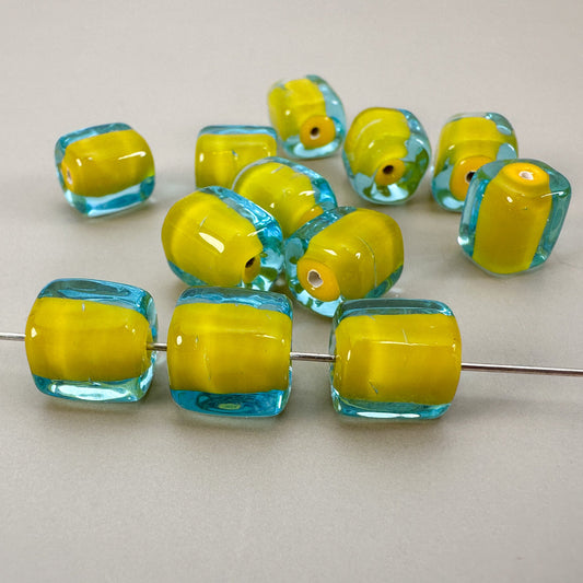 Vintage Handmade Czech Lampwork 9mm Green with Yellow Core Rectangular Glass Bead - 1 pc. (Z789)-The Bead Gallery Honolulu
