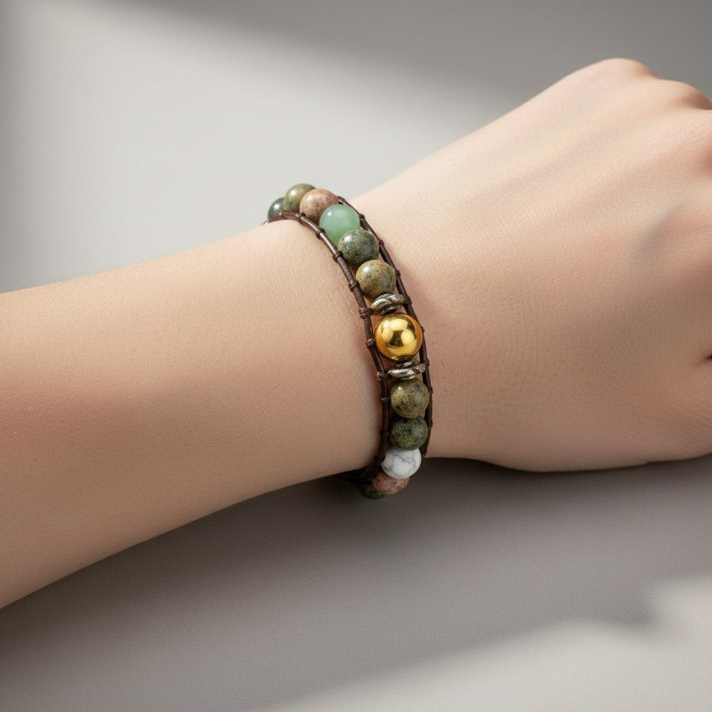 AI Enhanced – make a simple straight strung bracelet with these beads on a model
