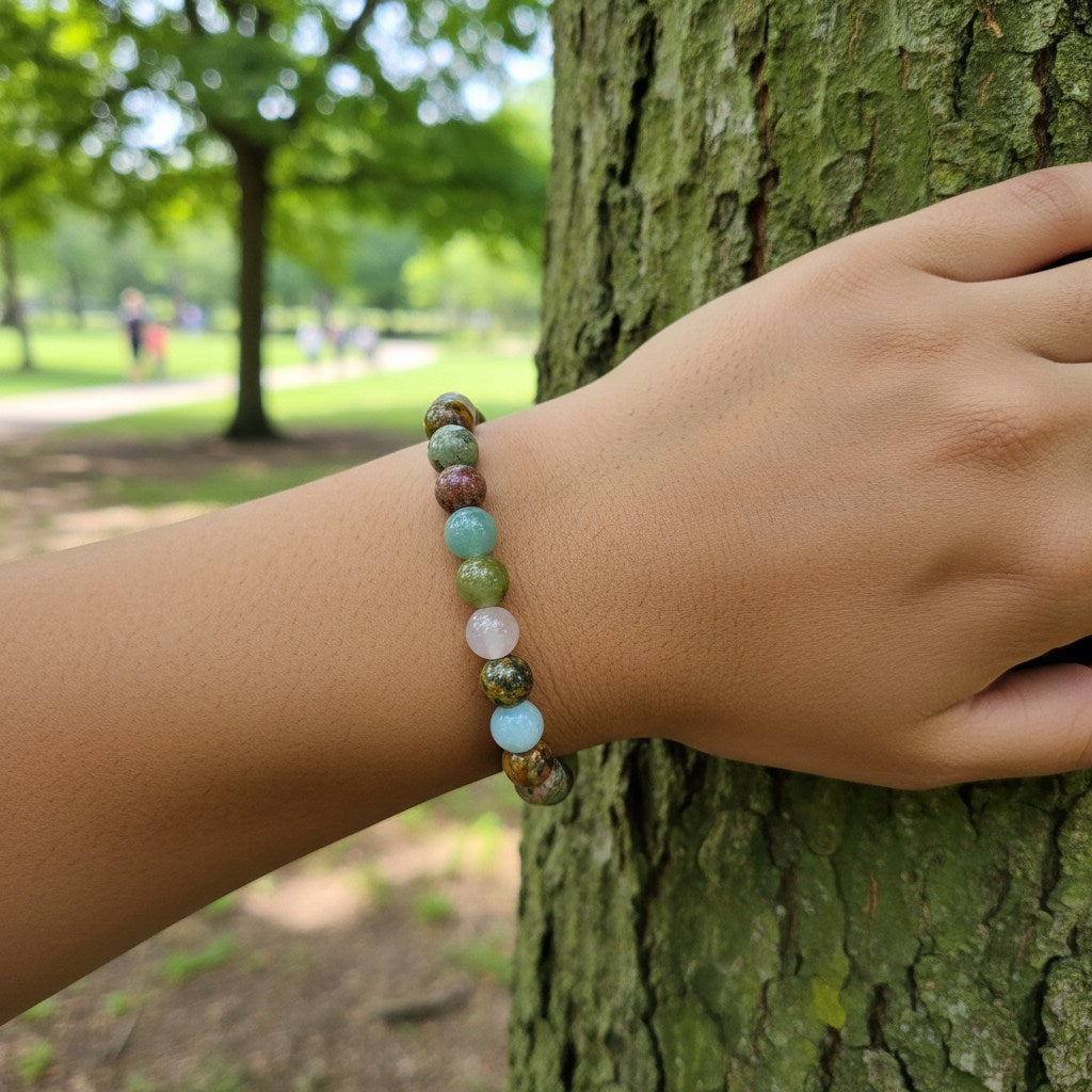 AI Enhanced – make a simple stretchy cord bracelet on a model at the park