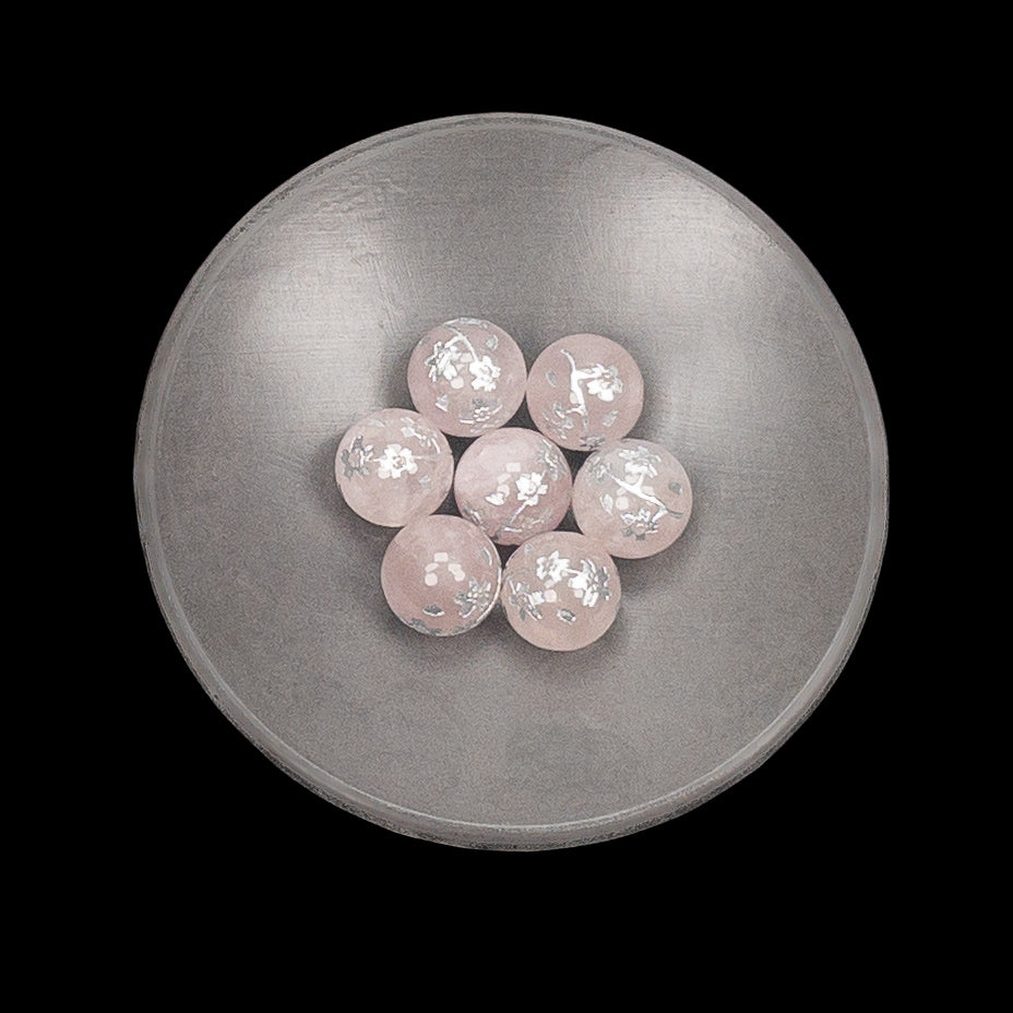 Rose Quartz Etched Silver Sakura Branch 10mm Round Bead - 1 pc.